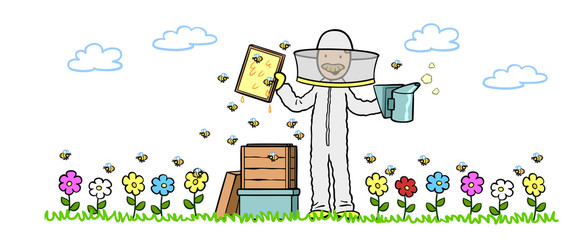 Imker mit Bienenstock und Bienen auf Feld mit Blumen