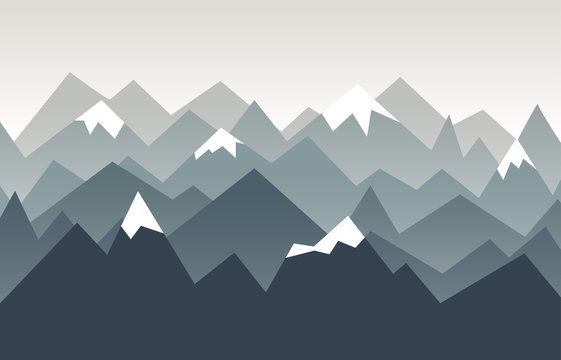 Mountains landscape. Nature background in geometric style. Triangle mountains ridges with snow on the tops.