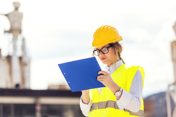 Female construction worker holding clipboard 