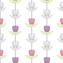 seamless pattern with bluebell, campanula naive style. Flowers stylized on white background