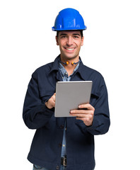 Mechanic using a tablet