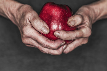 Hands hold a red apple / Hands of an old woman are holding a red apple in front of black background.