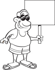 Black and white illustration of a man in a swimsuit holding a sign.