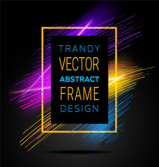 Vector modern frame with geometric neon glowing lines isolated on black background. Art graphics with glitch effect. Design element for business cards, gift cards, invitations, flyers, brochures.