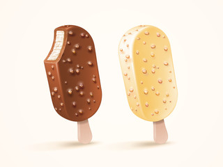 Vector ice cream bar with white and milk chocolate glaze with nuts isolated on light background for design uses on white background in 3d illustration. Packaging design element for product advertising