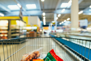 blurred store. view from trolley. shopping concept. copy space