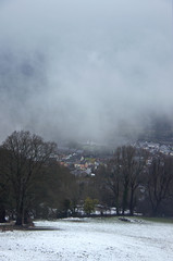 Welsh valley in snow and mist.