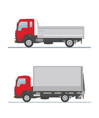 Tipper truck and delivery truck  isolated on white background. Side view. Flat style, vector illustration.  
