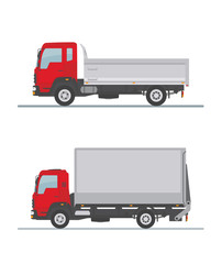 Tipper truck and delivery truck  isolated on white background. Side view. Flat style, vector illustration.  
