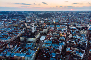 bird's eye view on old european town on sunset