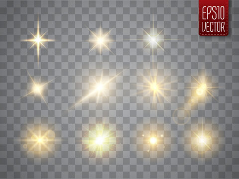 Golden lights sparkles collection. Vector illustration of glowing lens flares, flashes and sparks.