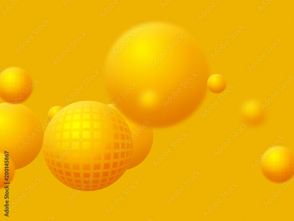 Poster abstract floating spheres background. 3d yellow balls on the yellow background with blur effect. vec