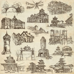 Architecture around the World - An hand drawn pack. Freehand collection on old paper.