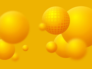 Abstract floating spheres background. 3d yellow balls on the yellow background with blur effect. Vector illustration.