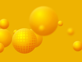 Abstract floating spheres background. 3d yellow balls on the yellow background with blur effect. Vector illustration.