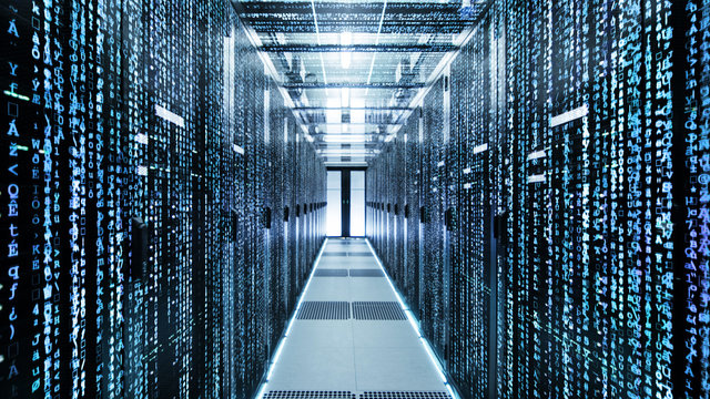 Shot of Corridor in Working Data Center Full of Rack Servers and Supercomputers with High Danger Skull Icon Visualization.