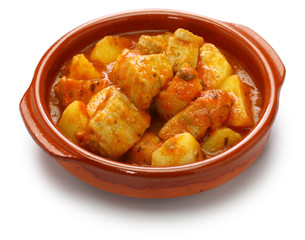 marmitako, tuna and potatoes stew,  spanish basque cuisine isolated on white background
