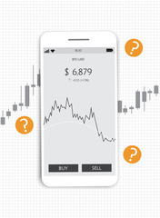 Flat modern design concept of cryptocurrency technology, bitcoin exchange, mobile banking. Smartphone with bitcoin and dollars