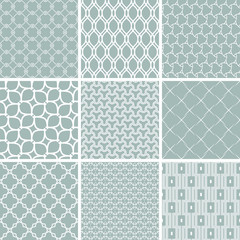 Set of seamless geometric patterns for your designs and backgrpounds. Geometric abstract blue and white ornament. Modern ornaments with repeating elements