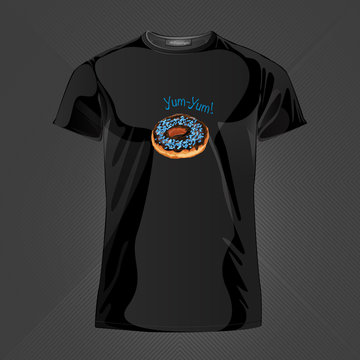 Original print for t-shirt. Black t-shirt with fashionable design - Yummy donut. Vector Illustration