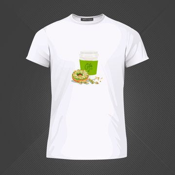 Original print for t-shirt. White t-shirt with fashionable design - Coffee and donut. Vector Illustration
