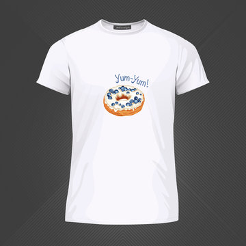 Original print for t-shirt. White t-shirt with fashionable design - Yummy donut. Vector Illustration
