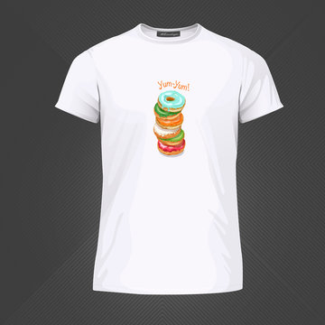 Original print for t-shirt. White t-shirt with fashionable design - Yummy donuts. Vector Illustration