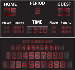 Vector image of a black digital electronic scoreboard for ice hockey with sets of numbers of different sizes.
