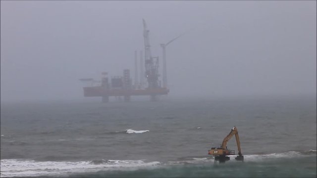 First wind turbine installed in waters off the coast of Aberdeen. Balmedie, Aberdeenshire, Scotland, UK. April 10th 2018 
