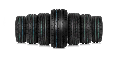 Group of car tires isolated on white.