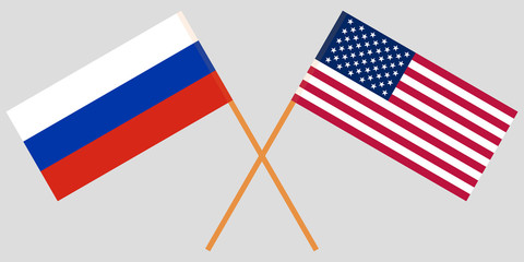 Crossed desktop flags United States of America and Russia . US and RF negotiation. Vector
