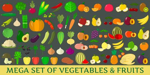 Mega set of fresh vegetables and fruits illustrations on a dark background.