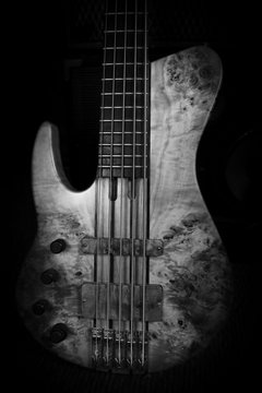 Bass Guitar In Music Studio. Musical Instruments and Equipment