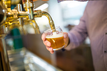 Brewer filling beer in beer glass from beer pump