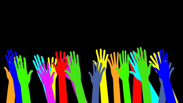 Sea of colorful waving raised hands. Animation. Concept of joy, goodbye, greeting, diversity, welcome. Black background. Copy space.