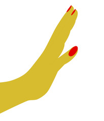 Female hand with red nails. Stretched hand. A hand pointing to a stop command or something to touch. Vector ilustration.