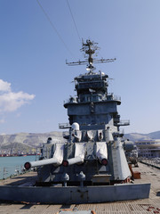 Deck and weapons of the Soviet light cruiser Mikhail Kutuzov. Novorossiysk, Russia