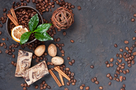 Spa still life with coffee beans on dark  background