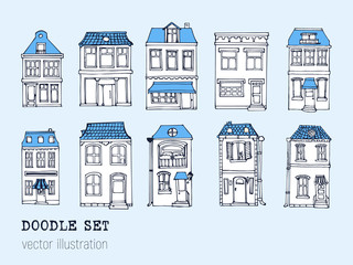Hand drawn European city houses set in cute cartoon style. Colorful modern townhouse building sketch. Old houses, City buildings, decorative elements collection. Creative vector illustration.