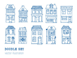 Hand drawn European city houses set in cute cartoon style. Colorful modern townhouse building sketch. Old houses, City buildings, Doodle decorative elements collection. Creative vector illustration.