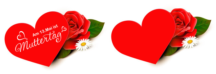 Muttertag 2018 Termin - Herz Schild mit Rose und Margerite, Signet Set rot