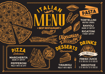 Pizza restaurant menu. Vector food flyer for bar and cafe. Design template with vintage hand-drawn illustrations.