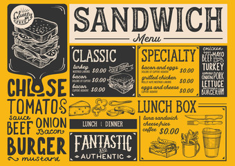 Sandwich restaurant menu. Vector food flyer for bar and cafe. Design template with vintage hand-drawn illustrations.