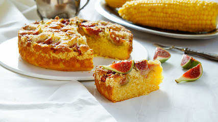 corn flour pie with figs, streusel, gluten free, without wheat, white bakeground silver 