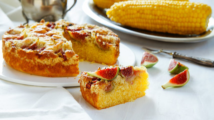 corn flour pie with figs, streusel, gluten free, without wheat, white bakeground silver 