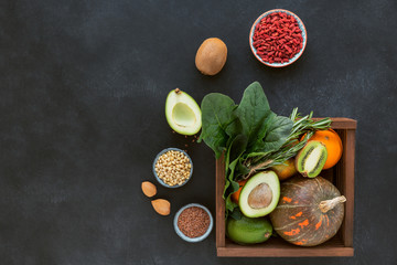 Fototapeta na wymiar Healthy farmer organic food: fruit, vegetables, seeds, superfood, leaf