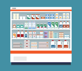 Commercial refrigerator full of dairy products. Isolated on blue background. Flat style vector illustration. 
