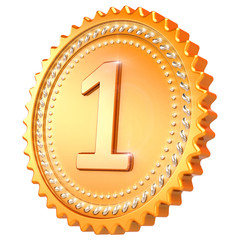 Medal award golden first place winner. Number one champion success icon. 3d illustration isolated on white background