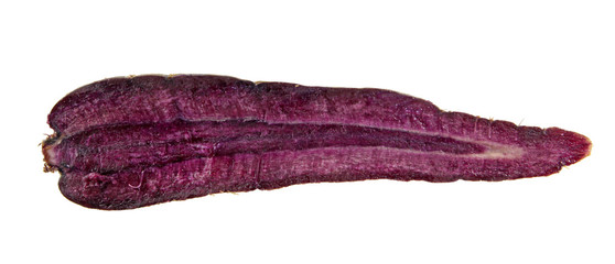 Raw purple carrot cut in half inside longitudinal section isolated on white background