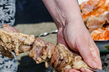 Fresh hot shish kebab on lamb and pork charcoal